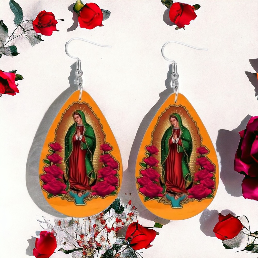 Rose Flower Virgin Mary Print Teardrop Dangle Earrings Faux‎ Leather